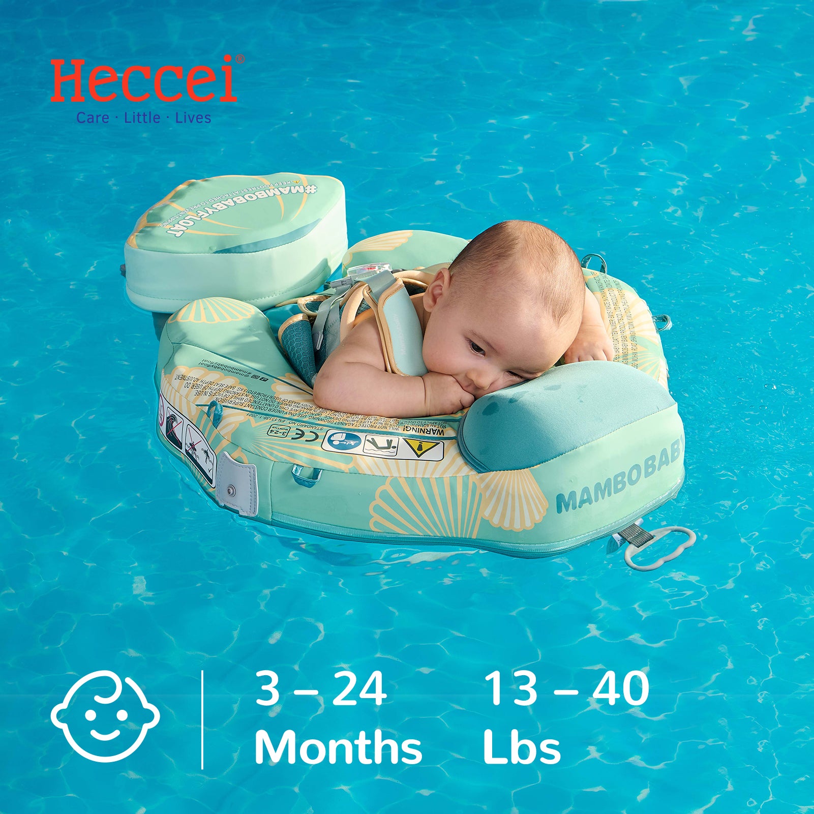 FoamCore™ Ultra Seashell aqua baby float by Mambobaby on pool surface, button-lock system, harness vest, leg support, removab