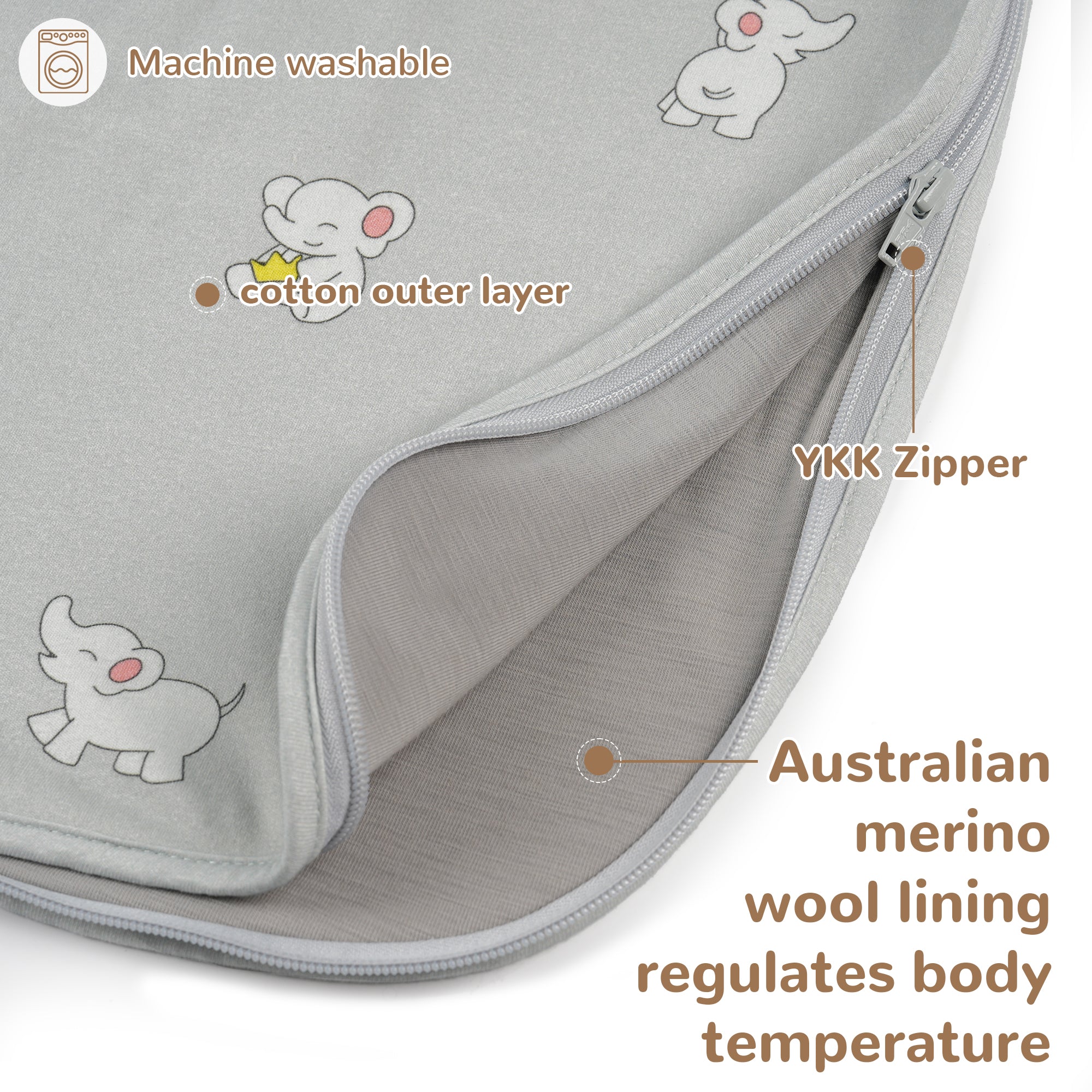 All-Season Merino Sleep sack - Snackyphant Grey