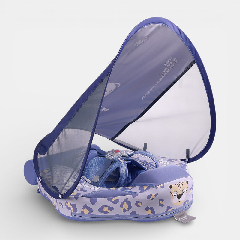 Mambobaby float with canopy and tail, foam baby float in leopard print, baby sitting in non-inflatable pool float with sun ca