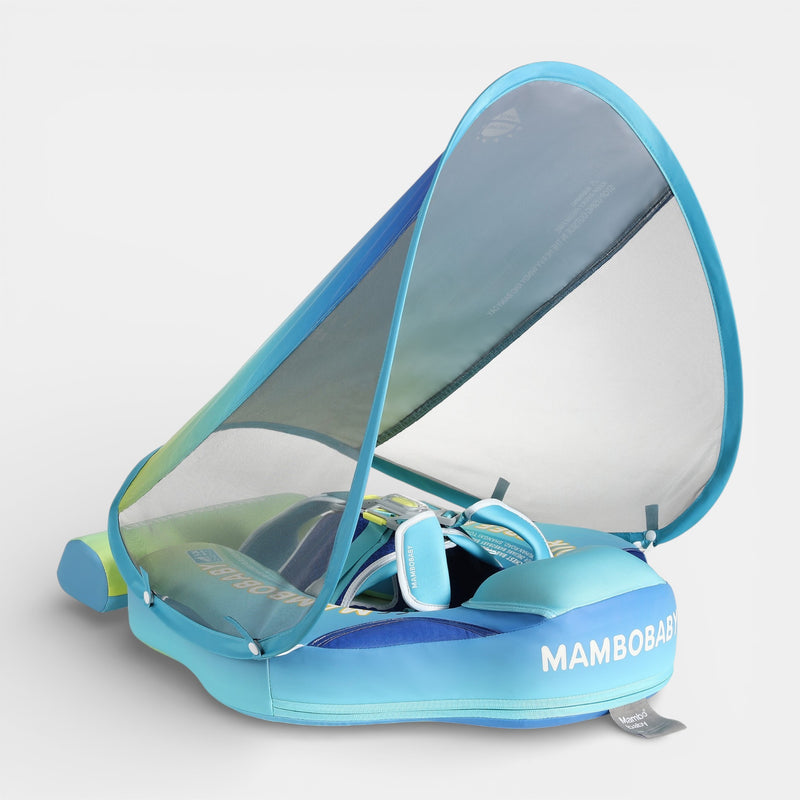 mambobaby deluxe ocean float with detachable UPF 50+ canopy on baby in backstroke mode, solid non-inflatable foam, soft blue 