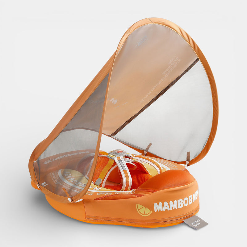 Mambobaby float with canopy and tail orange, non-inflatable infant pool float crab design with UPF 50+ shade and 5-point buck