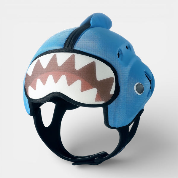 Mambobaby baby head protector blue shark design, a baby head protector with double padded forehead and airflow vents for head