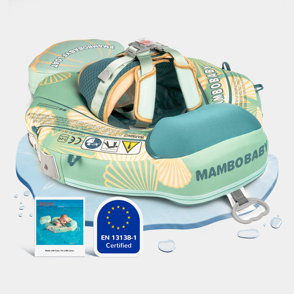 Aqua FoamCore™ Ultra Seashell baby swim float with canopy, leg supports, and harness vest on white background for safety.