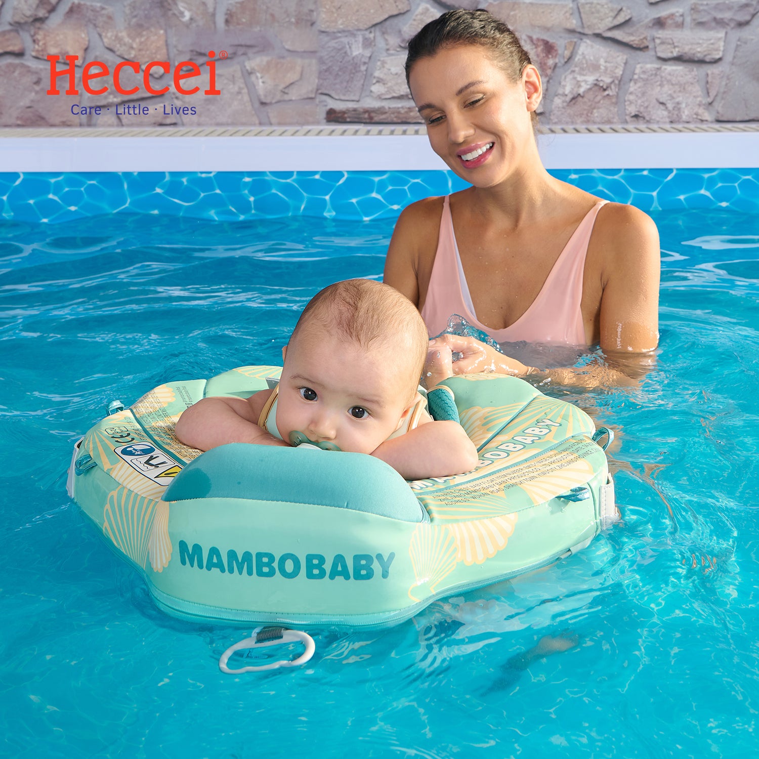 FoamCore Ultra Seashell baby float in aqua with safety harness, leg supports, and attached UPF 50+ canopy shade.