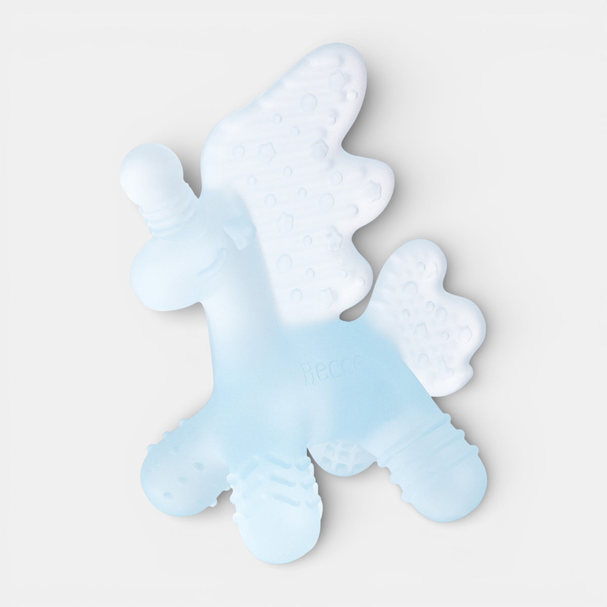 Lake Mist Dreamiecorn baby teether, soft blue silicone, easy-grip handle, seamless design