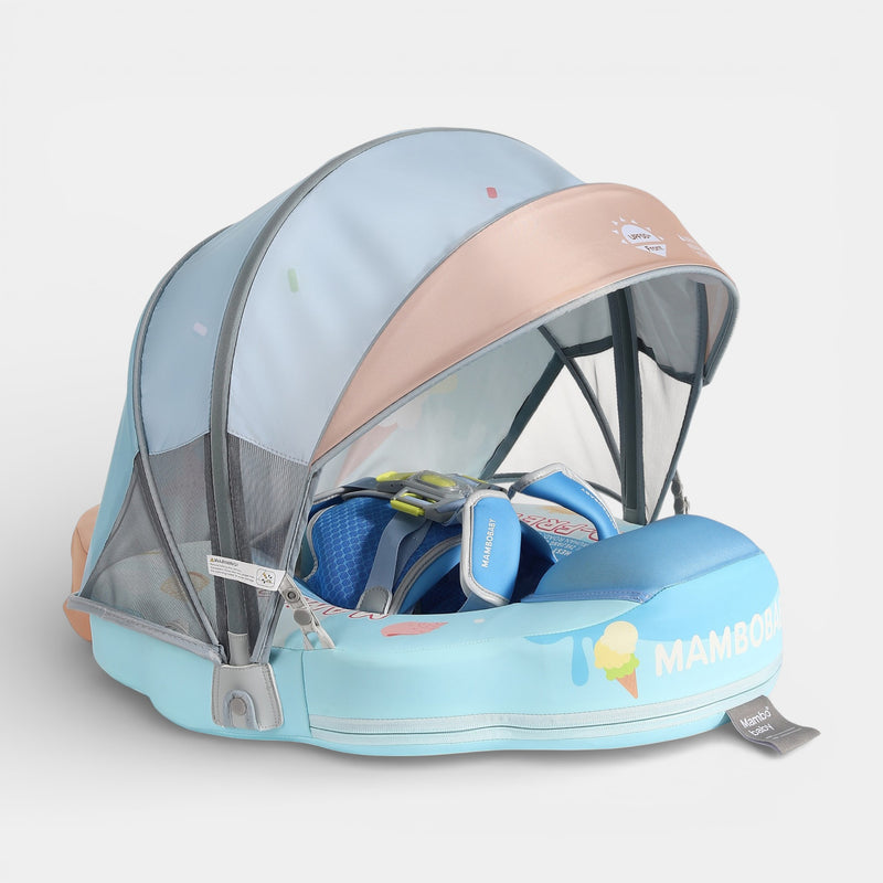 Mambobaby float ice cream in blue FoamCore design with UPF canopy, button-lock vest, and padded straps for baby float safety.