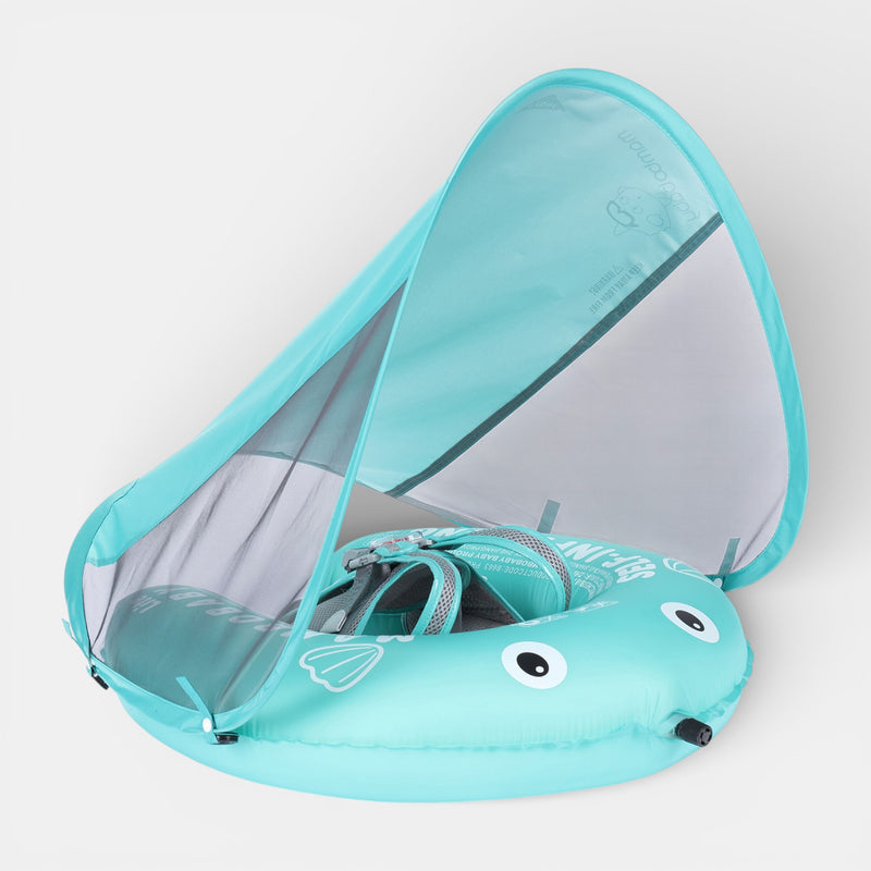 Mambobaby float lite self-inflating with canopy in blue and orange, compact for travel, on white background.