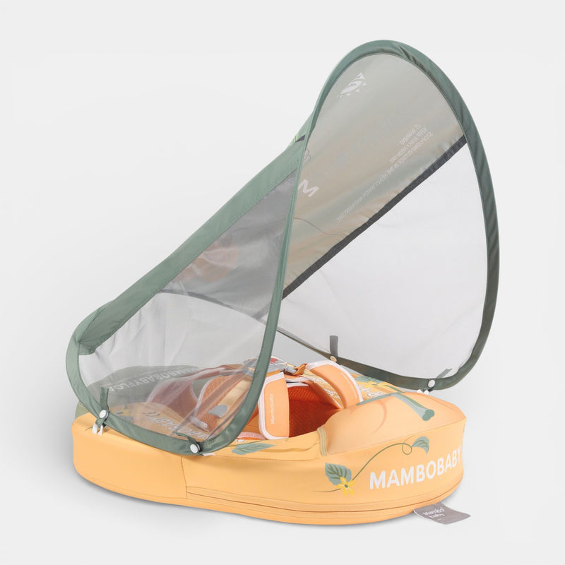 Non-inflatable foam Mambobaby float in pumpkin orange, baby wearing 5-point buckle, UPF 50 canopy, ages 3-24 months.