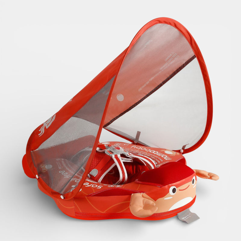 mambobaby baby swimming seat float in red crab design with FoamCore™ non-inflatable safety, removable UPF 50+ canopy, and 5-p