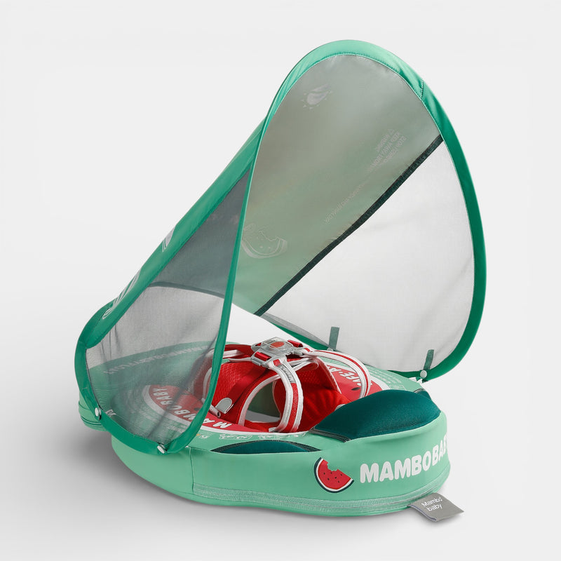Mambobaby float watermelon featuring a red/white striped foam ring, detachable UPF 50+ canopy, and 5-point buckle for babies 