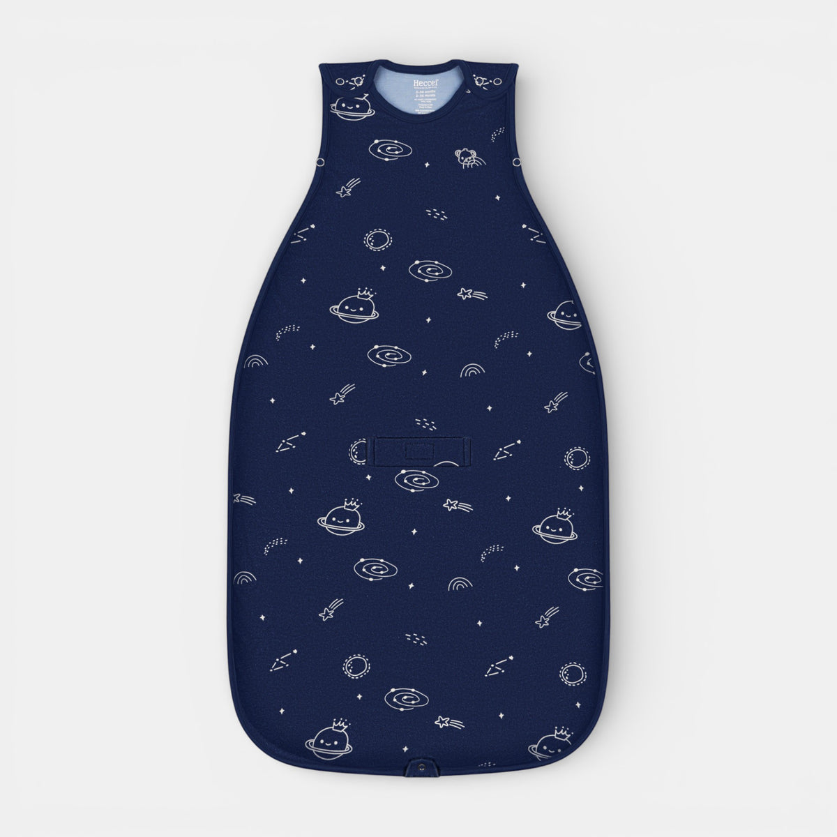 Baby in Cosmos Blue All-Season Merino Sleep Sack by heccei, soft merino lining, cotton shell, blue room neutral background.