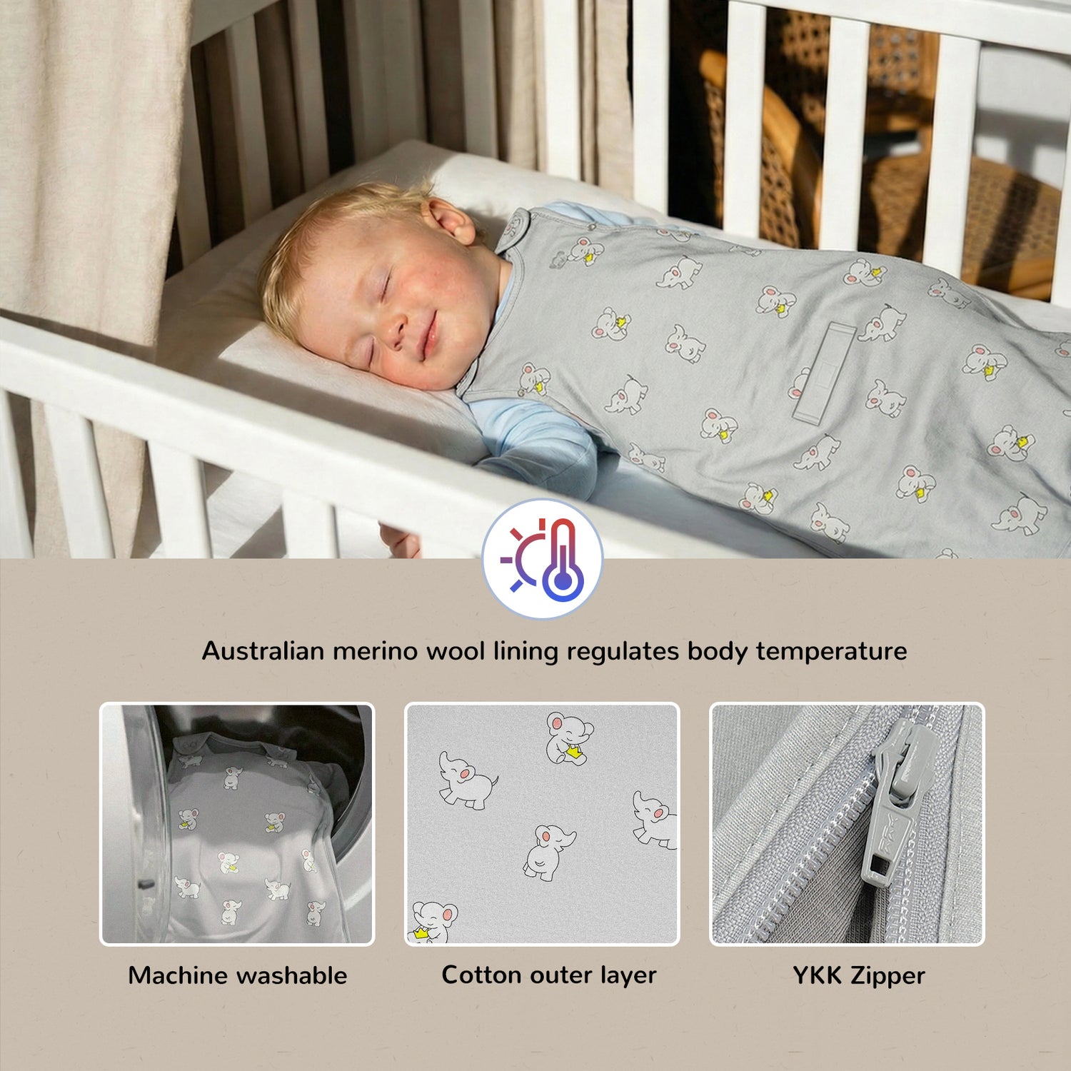 All-Season Merino Sleep sack - Snackyphant Grey