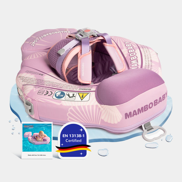 Non-inflatable FoamCore™ Ultra Seashell baby float in lavender, no canopy, with padded harness and backstroke/breaststroke se