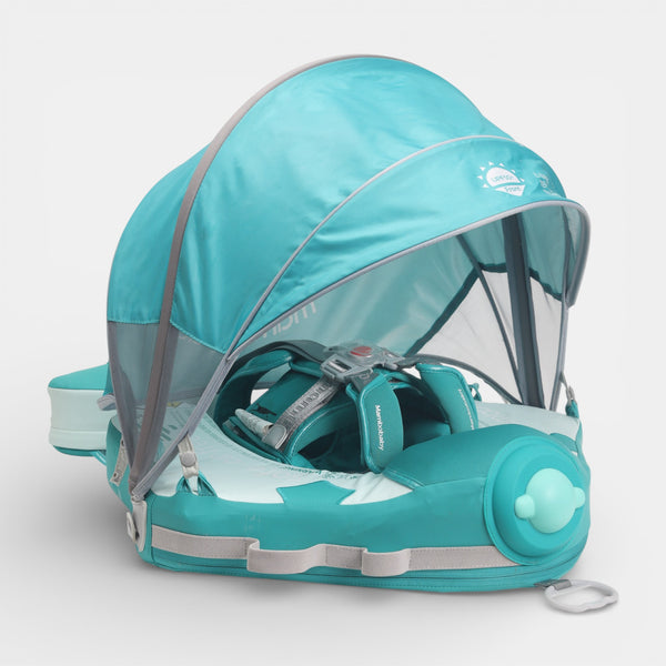Mambobaby FoamCore Ultra TriPose Aero float in green airplane design, baby in pool with sun canopy, non-inflatable infant poo